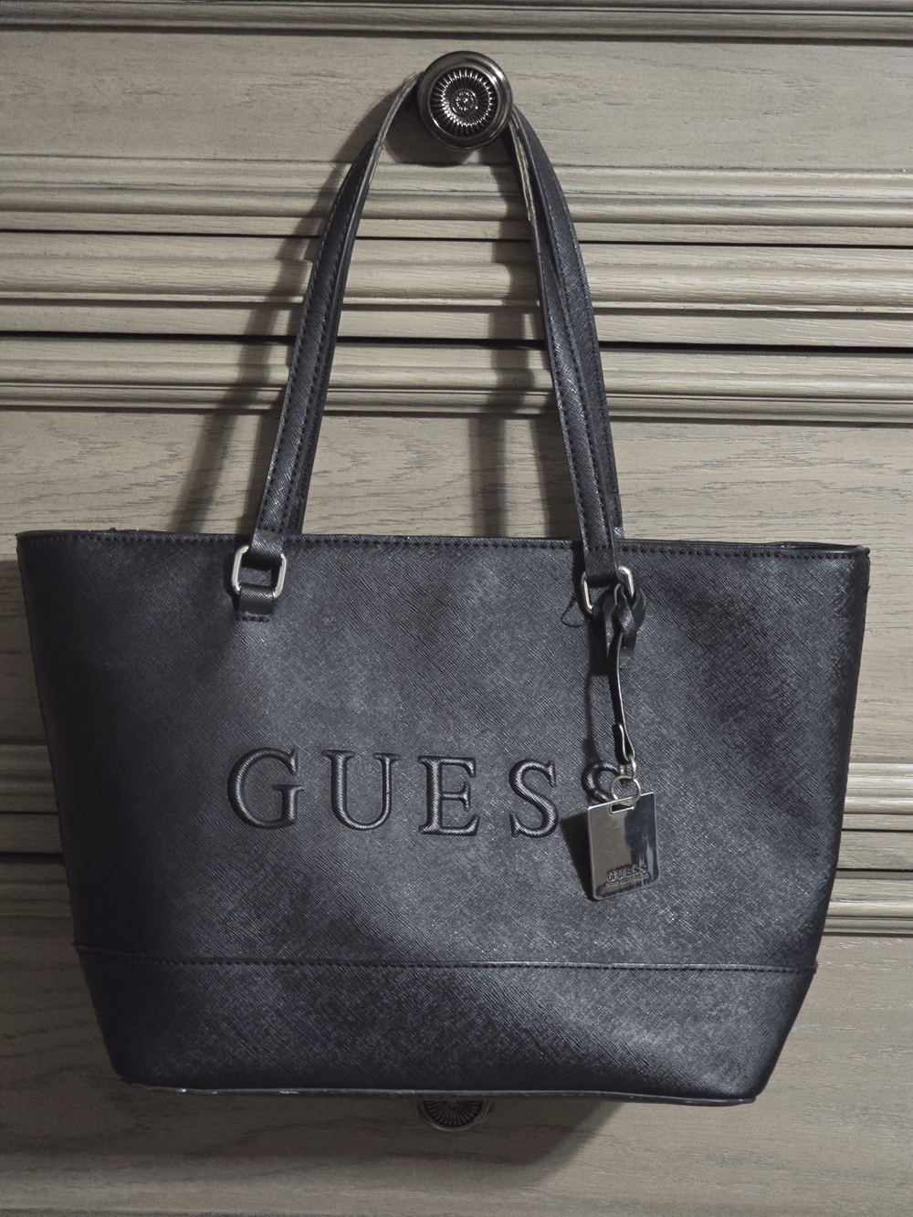 GUESS Black Embossed Logo Tote with Silver Charm